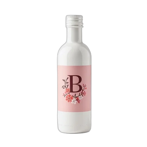 bottle, white, pink, label, featuring, stylized, letter, floral transparent PNG cut-out