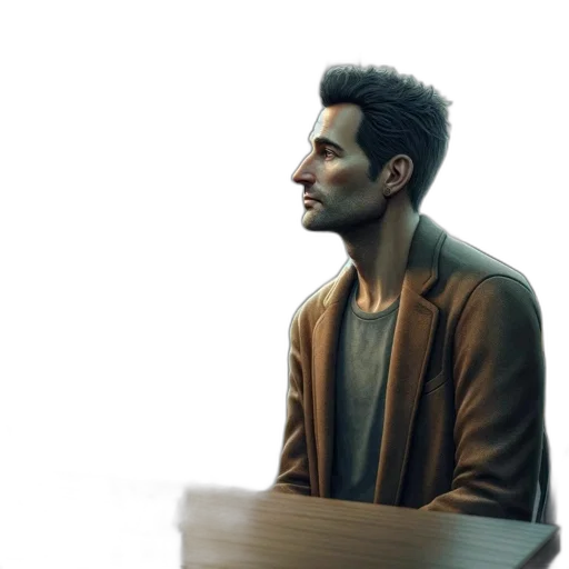 jacket, face, furniture, hair, concept art, photorealistic, 3d render, watercolor transparent PNG cut-out
