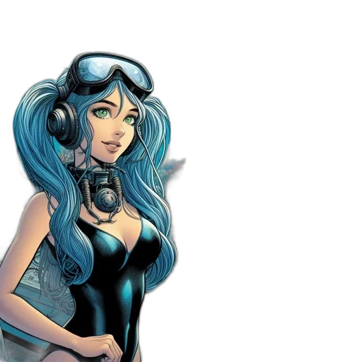 comic book art, concept art, fantasy art, cartoon, blue, aquatic, heroine, donning transparent PNG cut-out