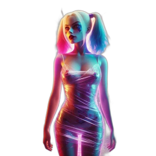 dress, mask, robot, hair, concept art, cyberpunk, vaporwave, 3d render transparent PNG cut-out