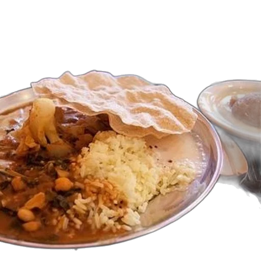 food, plate, indian, cuisine, featuring, rice, lentils, flatbread transparent PNG cut-out