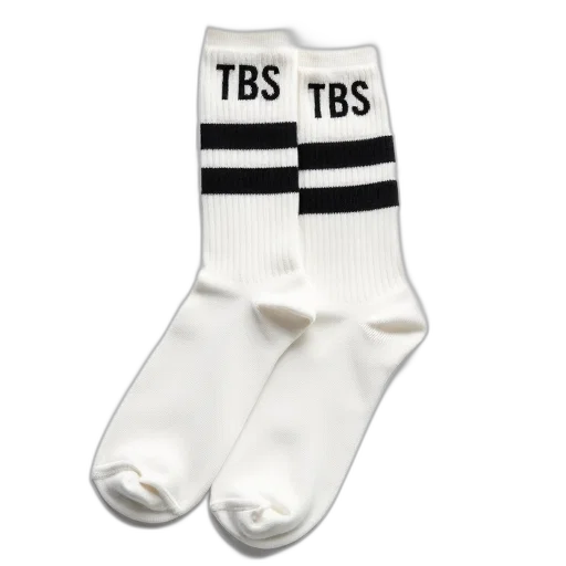 pair, white, socks, black, stripes, letters, tbs, embroidered transparent PNG cut-out