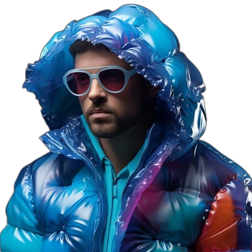 jacket, face, cyberpunk, vaporwave, photorealistic, 3d render, neon, blue transparent PNG cut-out