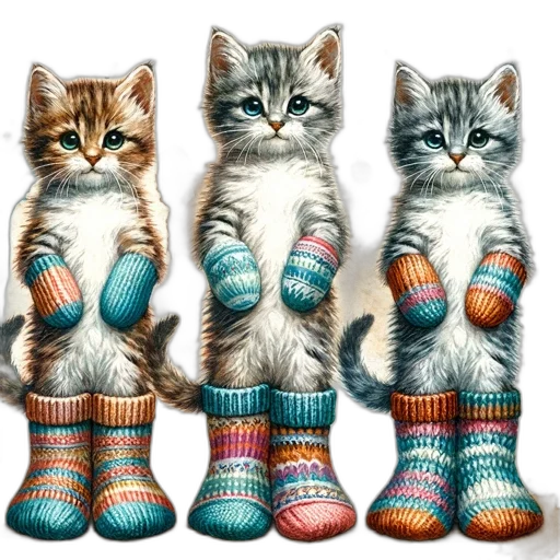 shoes, photorealistic, oil painting, three, kittens, varying, fur, patterns transparent PNG cut-out