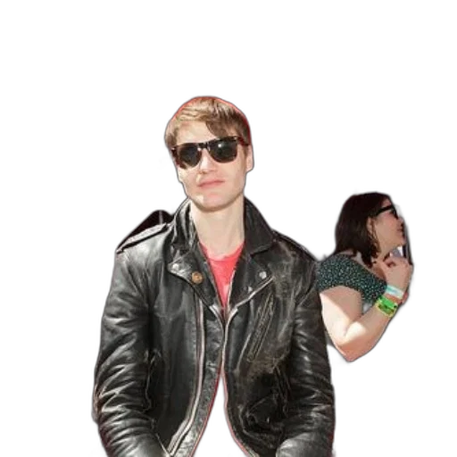 jacket, cartoon, photorealistic, 3d render, man, leather, sunglasses, sits transparent PNG cut-out