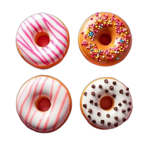 food, 3d render, photorealistic, second, image, shows, four, doughnuts transparent PNG cut-out