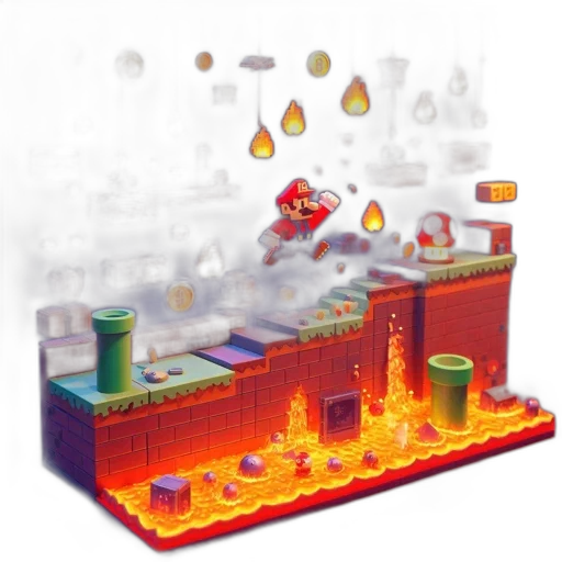 pixel art, concept art, 3d render, fire, animated, depiction, mario, jumping transparent PNG cut-out