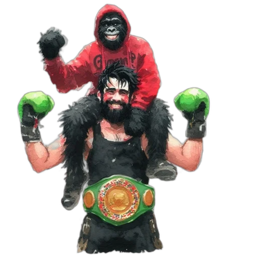 concept art, 3d render, photorealistic, muscle-bound, fighter, gorilla, friend, celebrate transparent PNG cut-out