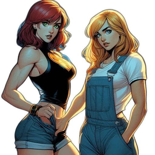comic book art, concept art, cartoon, two, females, vibrant, red, blonde transparent PNG cut-out