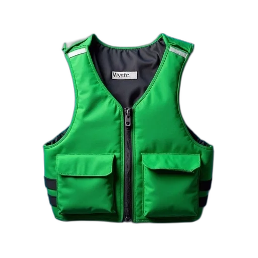 jacket, green, life, vest, zipper, pocket, front, displayed transparent PNG cut-out