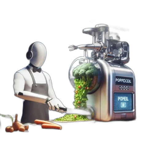 food, robot, 3d render, photorealistic, concept art, pixel art, futuristic, kitchen transparent PNG cut-out