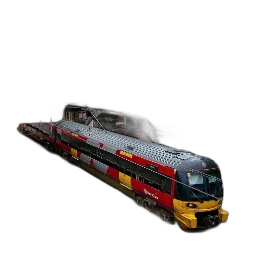 weapon, 3d render, photorealistic, concept art, red, yellow, train, tracks transparent PNG cut-out
