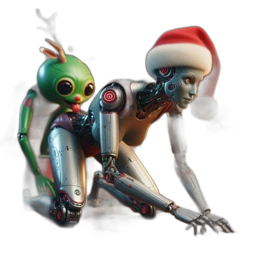 robot, creature, concept art, 3d render, cyberpunk, outer space, inside, festive transparent PNG cut-out