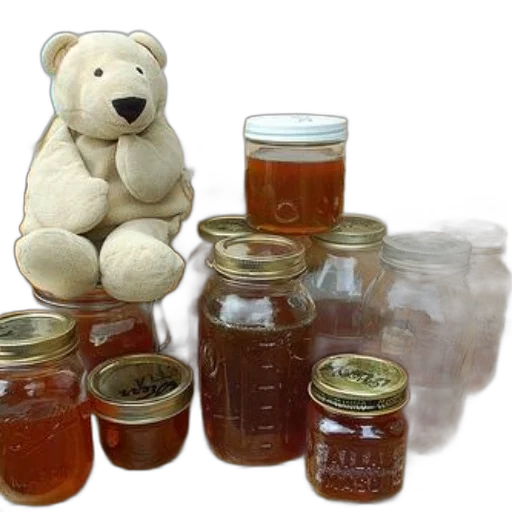teddy, bear, sits, atop, collection, jars, filled, honey transparent PNG cut-out