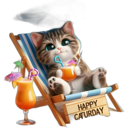 photorealistic, cartoon, oil painting, 3d render, kitten, relaxes, beach, chair transparent PNG cut-out