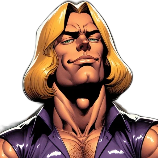hair, face, comic book art, concept art, muscular, man, purple, shirt transparent PNG cut-out