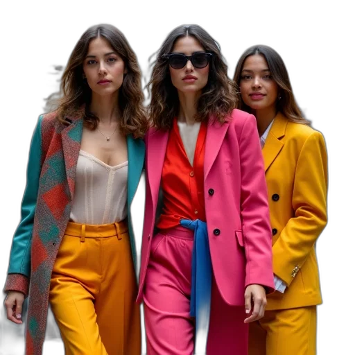 jacket, colorful, neon, pastel, red, three, women, wearing transparent PNG cut-out