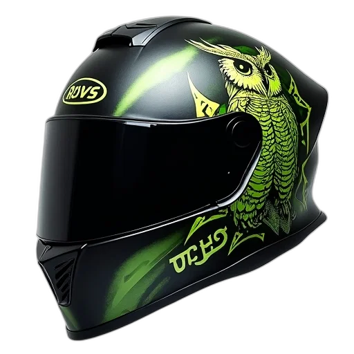 close-up, black, green, motorcycle, helmet, detailed, owl, design transparent PNG cut-out