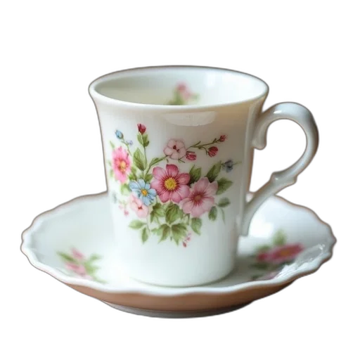 flower, photorealistic, 3d render, white, ceramic, mug, floral, design transparent PNG cut-out