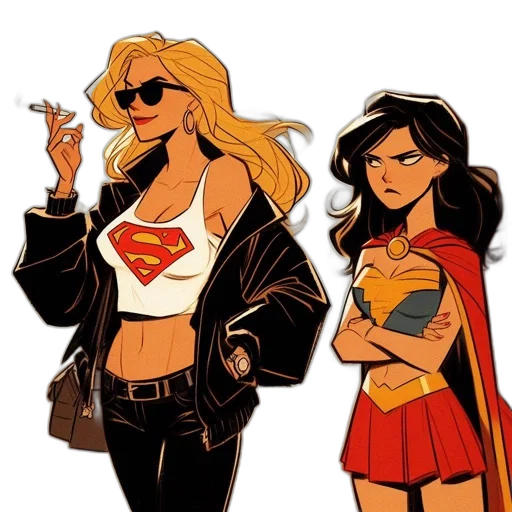 comic book art, concept art, cartoon, two, females, one, superman-logo, shirt transparent PNG cut-out