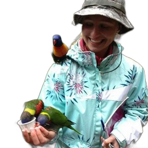 jacket, hat, animal, staff, colorful, neon, woman, holds transparent PNG cut-out