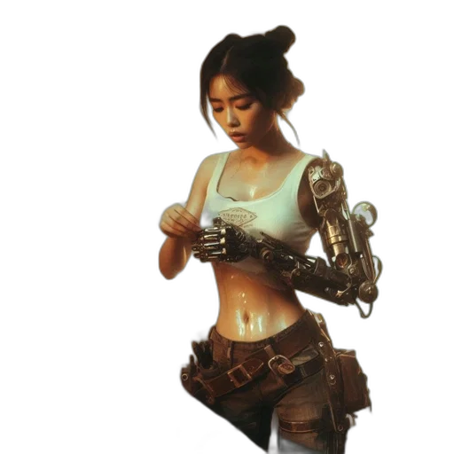 robot, weapon, concept art, fantasy art, cyberpunk, pixel art, golden, earth tones transparent PNG cut-out