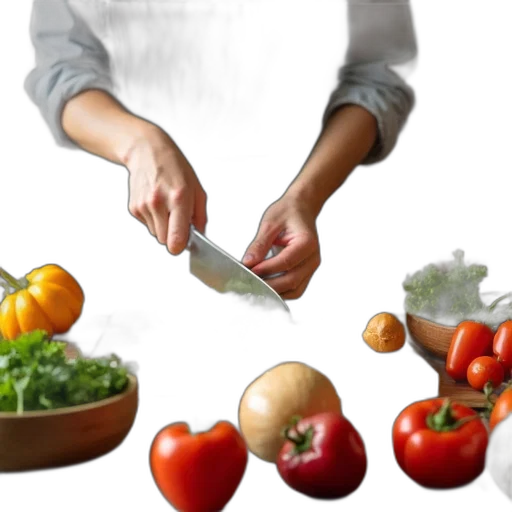 food, photorealistic, 3d render, person, chopping, vegetables, cutting, board transparent PNG cut-out