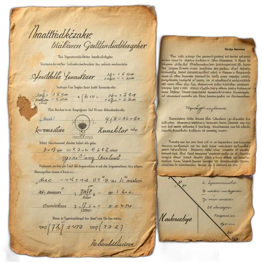 collection, aged, worn-out, papers, handwritten, text, mathematical, equations transparent PNG cut-out