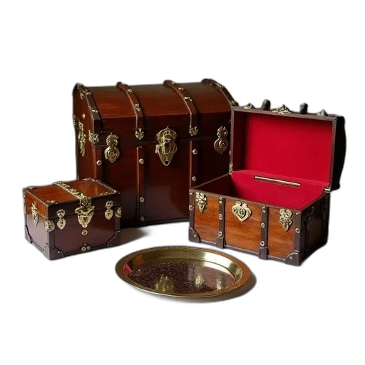 jewelry, collection, antique, wooden, trunks, boxes, displayed, white transparent PNG cut-out