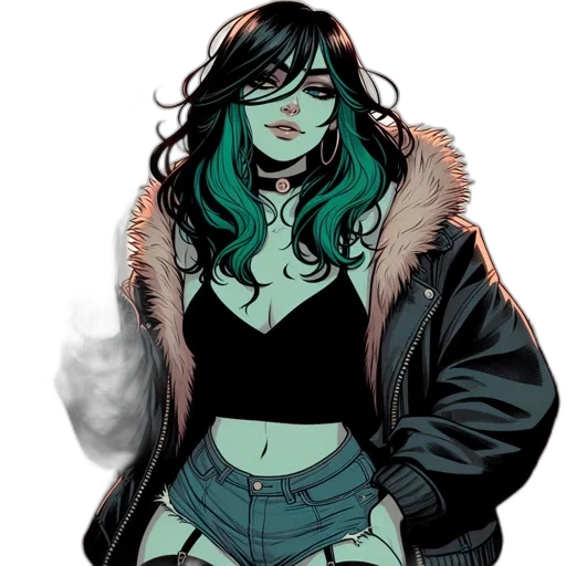 jacket, comic book art, concept art, cyberpunk, cartoon, neon lights, green, dark transparent PNG cut-out