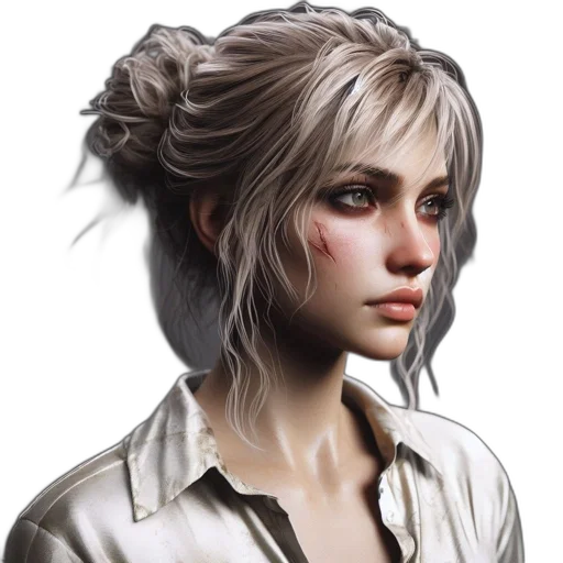 face, jacket, hair, concept art, photorealistic, fantasy art, 3d render, earth tones transparent PNG cut-out