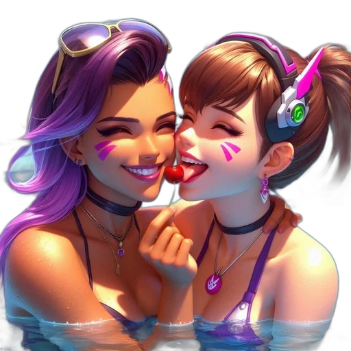 concept art, vaporwave, cartoon, anime, underwater, two, females, distinctive transparent PNG cut-out
