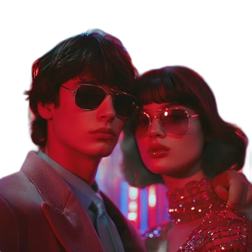 jacket, vaporwave, cyberpunk, neon lights, red, neon, two, individuals transparent PNG cut-out