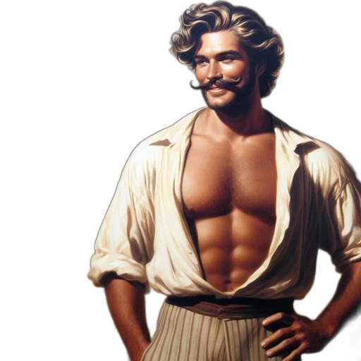 photorealistic, muscular, man, long, curly, hair, mustache, stands transparent PNG cut-out