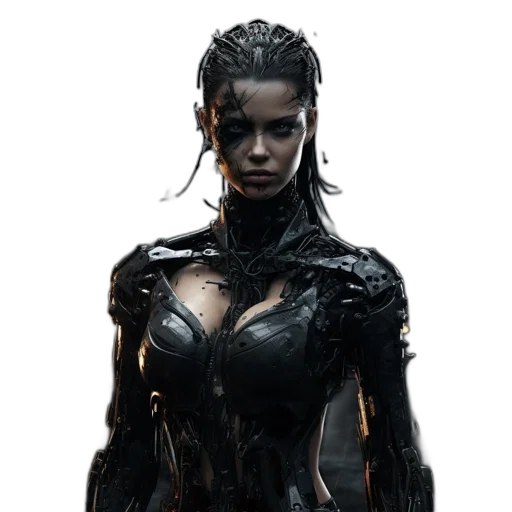 concept art, comic book art, cyberpunk, photorealistic, female, figure, armor, dark transparent PNG cut-out