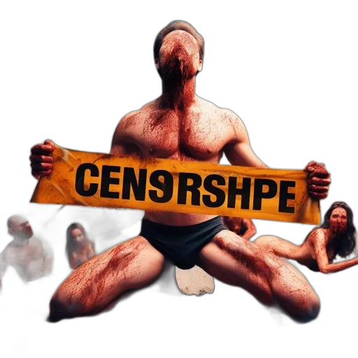 mask, man, bloody, attire, kneels, holding, yellow, censorship transparent PNG cut-out