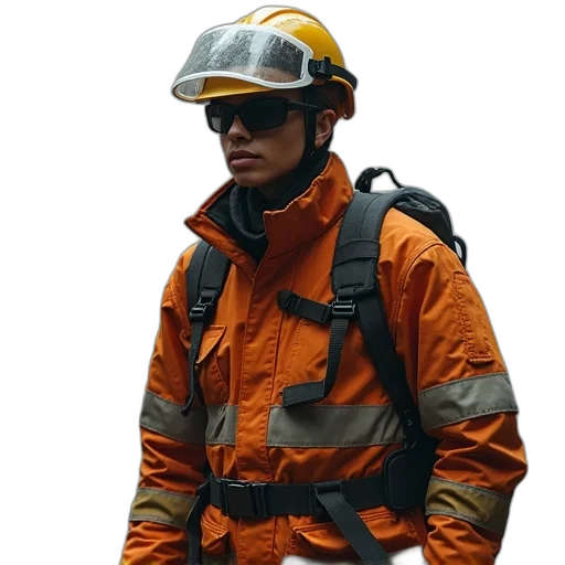 jacket, staff, cyberpunk, concept art, fire, fall, protection, harness transparent PNG cut-out