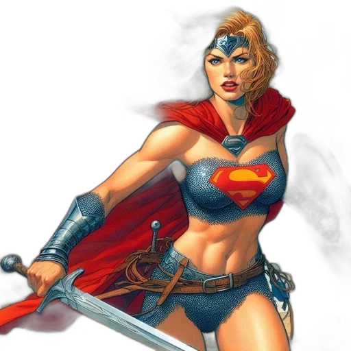 comic book art, fantasy art, concept art, photorealistic, female, superhero, long, blonde transparent PNG cut-out