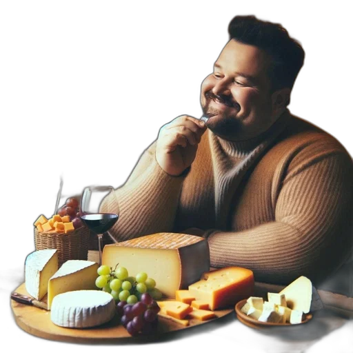 food, concept art, photorealistic, man, enjoys, cheese, wine, amid transparent PNG cut-out