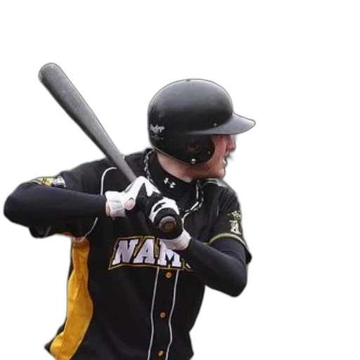 staff, baseball, player, black, yellow, uniform, holds, bat transparent PNG cut-out