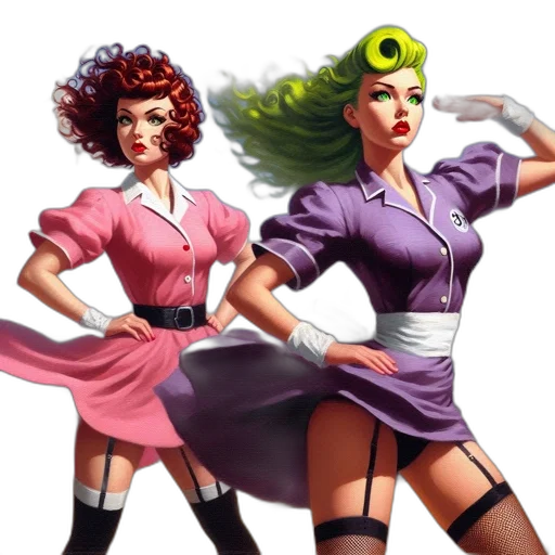 staff, concept art, comic book art, fantasy art, 3d render, two, women, vintage transparent PNG cut-out