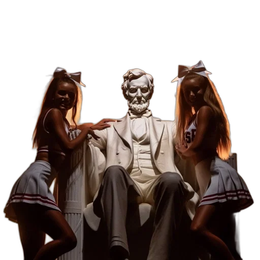 concept art, 3d render, statue, abraham, lincoln, flanked, two, cheerleaders transparent PNG cut-out