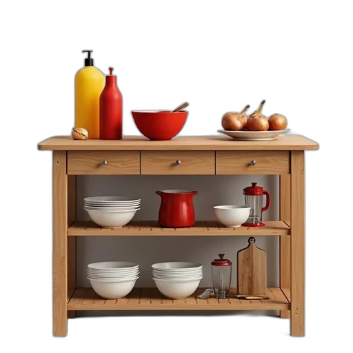 furniture, 3d render, wooden, kitchen, island, variety, items, top transparent PNG cut-out