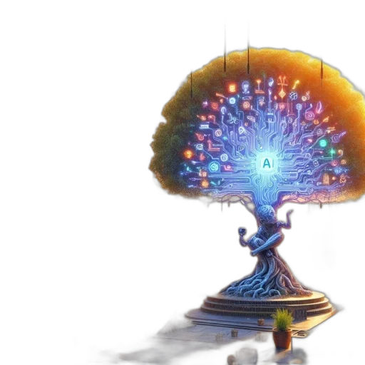 crown, tree, umbrella, robot, concept art, fantasy art, 3d render, pixel art transparent PNG cut-out