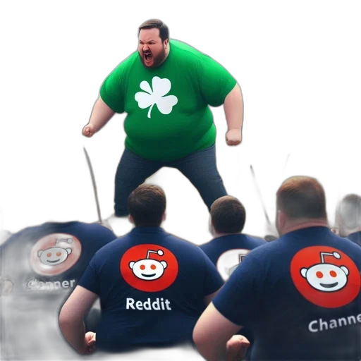 concept art, large, man, green, shirt, shamrock, symbol, confronts transparent PNG cut-out