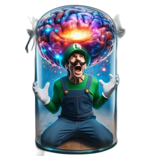 mask, bottle, hat, robot, concept art, 3d render, outer space, luigi transparent PNG cut-out