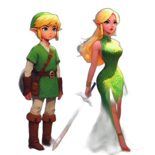 dress, sword, pixel art, concept art, fantasy art, 3d render, green, golden transparent PNG cut-out