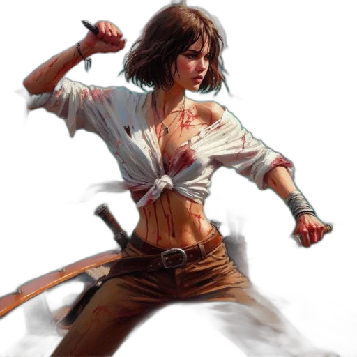 sword, staff, concept art, fantasy art, comic book art, photorealistic, woman, blood-stained transparent PNG cut-out