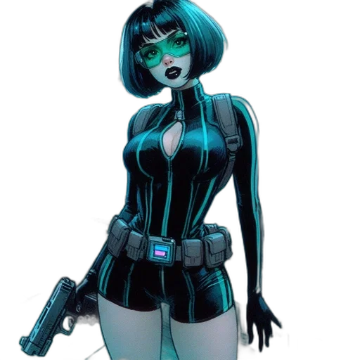 comic book art, concept art, cyberpunk, cartoon, green, female, character, black transparent PNG cut-out