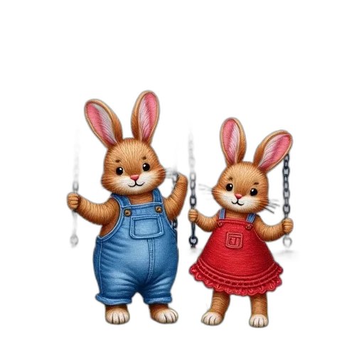 3d render, concept art, cross-stitch, embroidery, chubby, rabbit, blue, overalls transparent PNG cut-out
